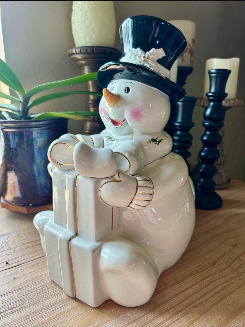 Large Vintage Home For The Holidays Snowman Cookie Jar Gold Trim